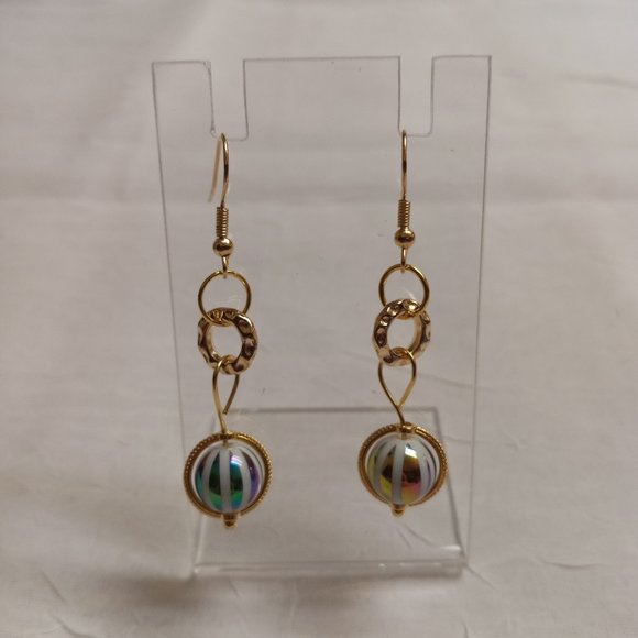 Steel Handmade Hand Crafted Beaded Rainbow Stripe Dangle Earrings #53 - Picture 9 of 11